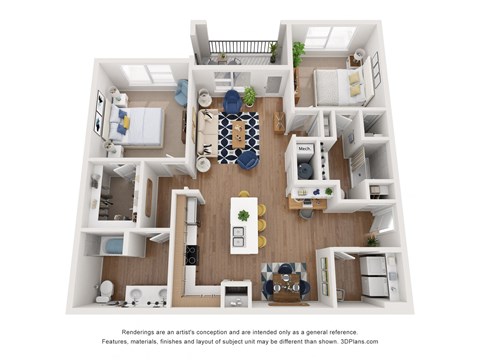 Floor plan for 2 beds, 2 baths, 1195 sqft